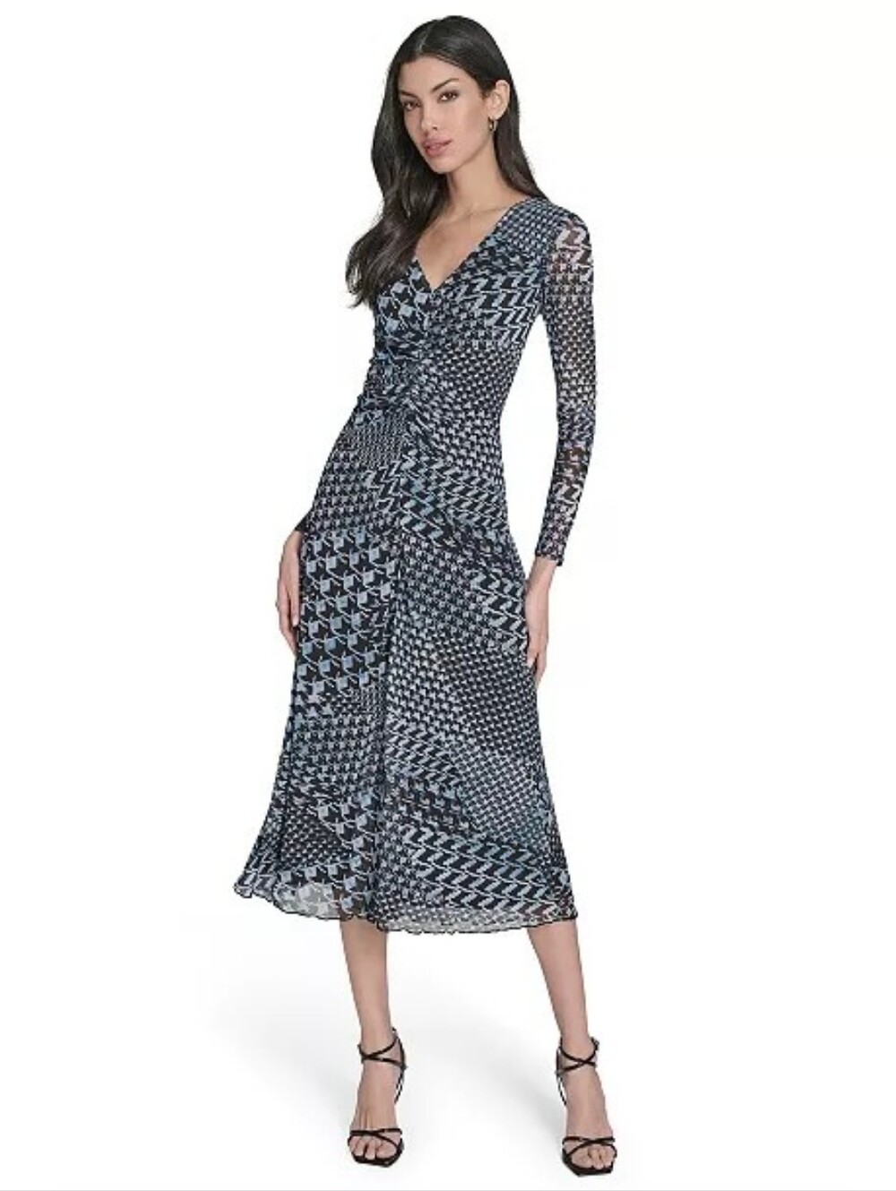 Eliza J Women's Black and Blue Patterned Long Sleeve Wrap Dress